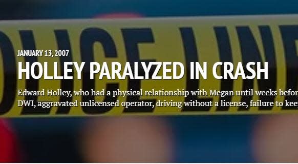 The timeline for the Megan McDonald murder case includes details about the car crash that rendered suspect Edward Holley a paraplegic in 2007.