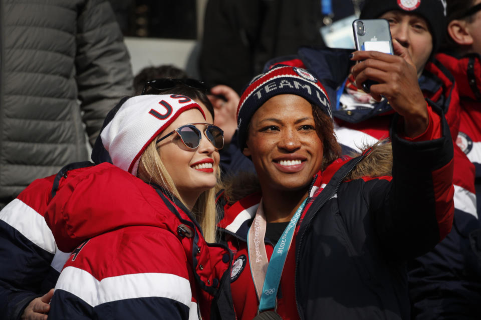 Silver medalist Lauren Gibbs of the United States takes a selfie with Ivanka Trump. (AP Photo)