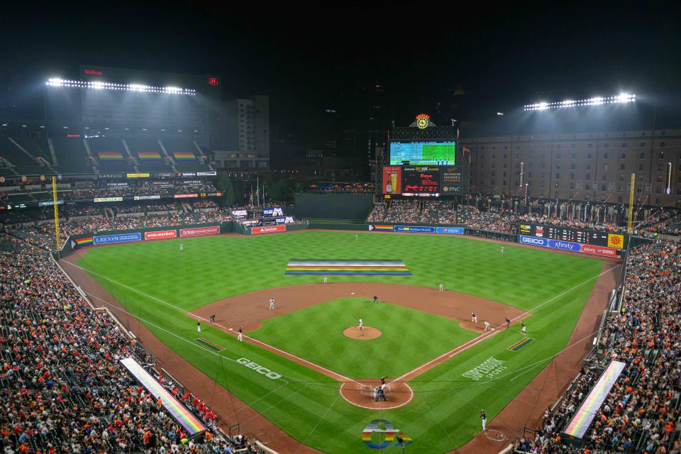 Jun 28, 2023; Baltimore, Maryland, USA; A view of Oriole Park at Camden Yards on Pride Night during the sixth inning of a game between the Baltimore Orioles and the Cincinnati Reds. Mandatory Credit: Reggie Hildred-USA TODAY Sports