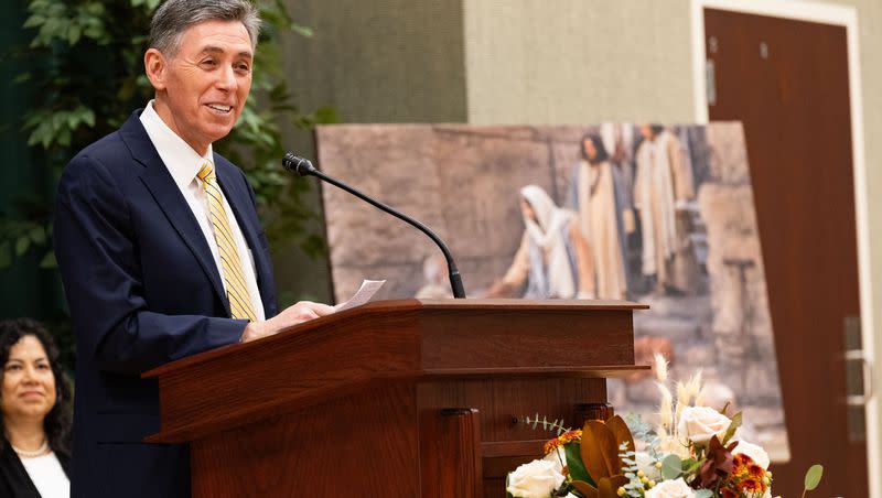 Elder Adilson de Paula Parrella, General Authority Seventy and assistant executive director of The Church of Jesus Christ of Latter-day Saints Temple Department, speaks at a media briefing at a meetinhouse next to the Orem Utah Temple in Orem on Monday, Oct. 23, 2023.