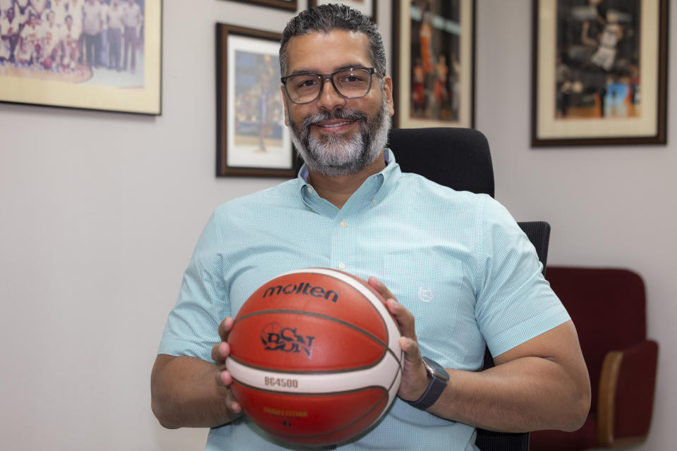 Ricardo Dalmau, president of Puerto Rico's professional men's basketball league known as BSN, poses for a photo in San Juan, Puerto Rico. Monday, July 1, 2024. (AP Photo/Alejandro Granadillo)