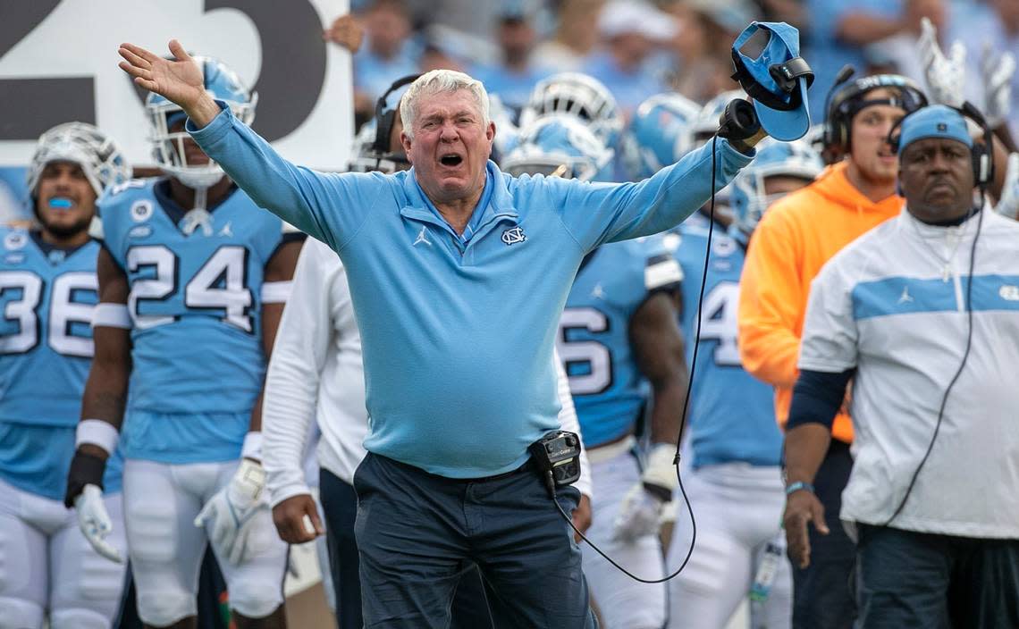 North Carolina coach Mack Brown reacts to a pass interference call against his team in the third quarter against Notre Dame on Saturday, September 24, 2022 at Kenan Stadium in Chapel Hill, N.C.