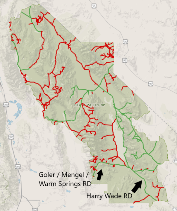 <em>Map showing open roads (green) and closed roads (red) as of December 12, 2023. (NPS)</em>