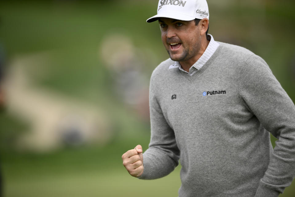 Keegan Bradley reacts after making a putt on the 16th hole during the final round of the Wells Fargo Championship golf tournament, Sunday, May 8, 2022, at TPC Potomac at Avenel Farm golf club in Potomac, Md. (AP Photo/Nick Wass)