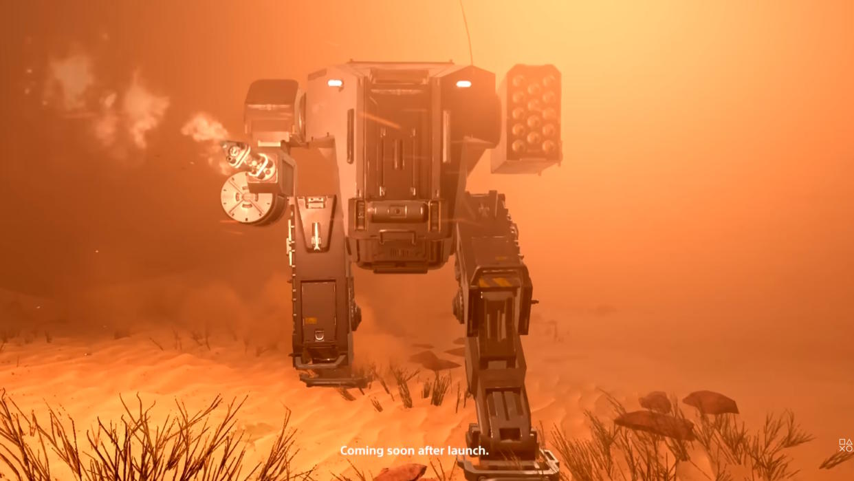  Helldivers 2 trailer still - EXO-44 mech pursuing bugs in Helldivers 2. 