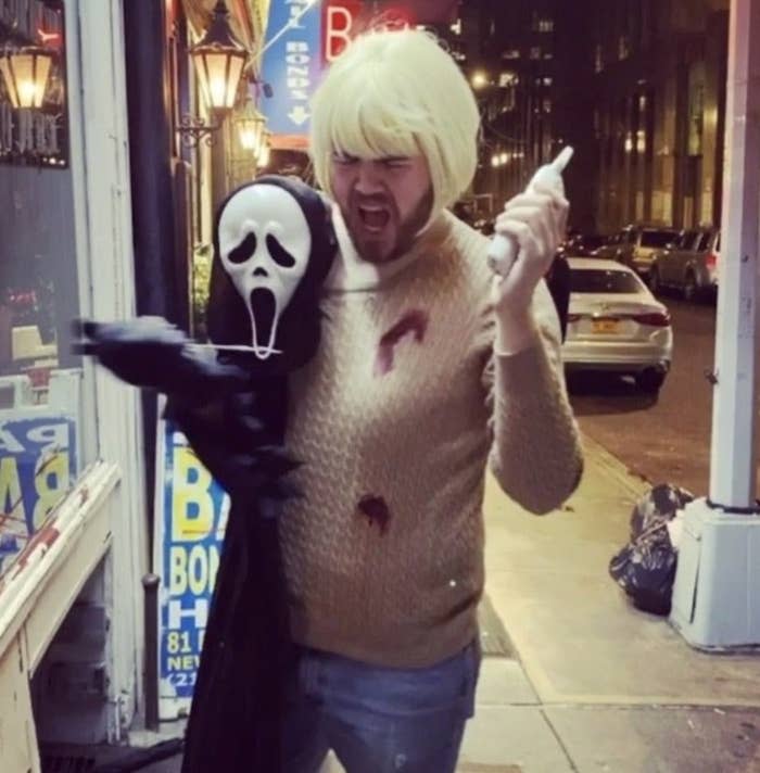 Someone dressed as Casey being attacked by Ghostface in "Scream"
