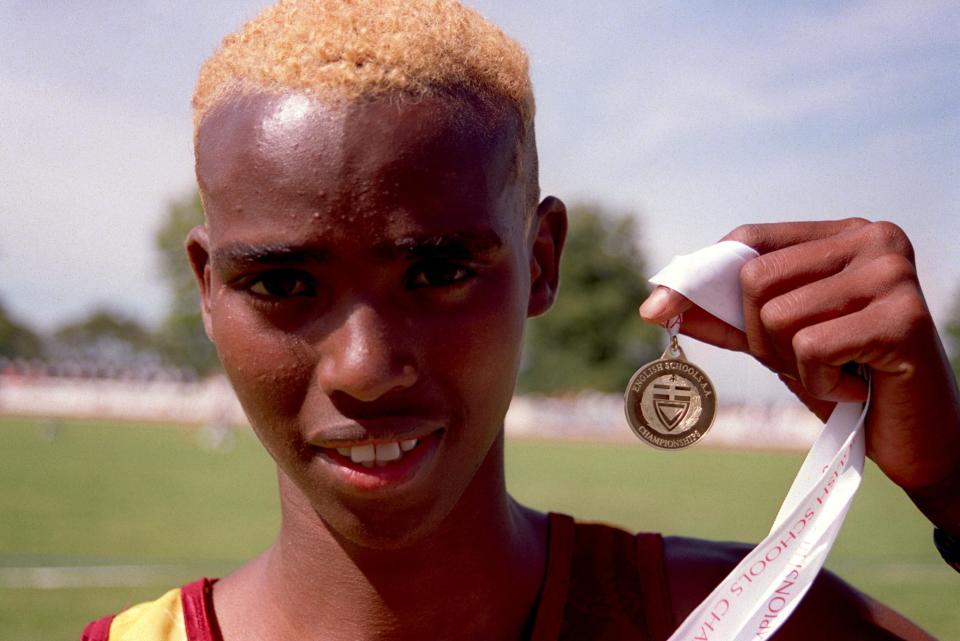 Sir Mo Farah, aged 16, with his gold medal for the Intermediate Boys' 1500m. (PA)