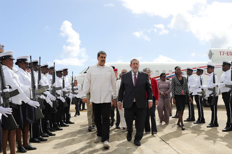 Venezuela's President Nicolas Maduro arrives for a meeting with his Guyanese counterpart Irfaan Ali, in Kingstown