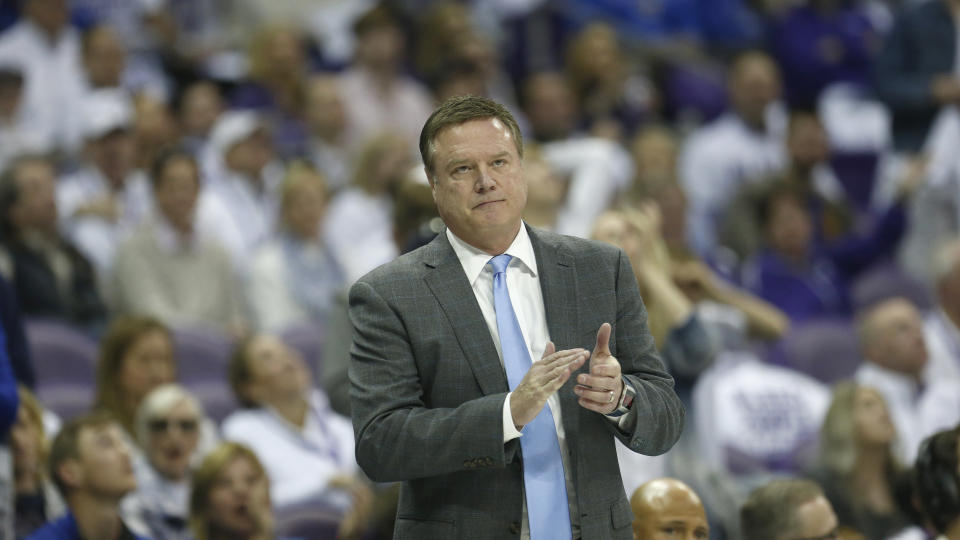 Kansas head coach Bill Self looks on against TCU during the second half of an NCAA college basketball game, Saturday, Feb. 8, 2020 in Fort Worth, Texas. Kansas won 60-46. (AP Photo/Ron Jenkins)