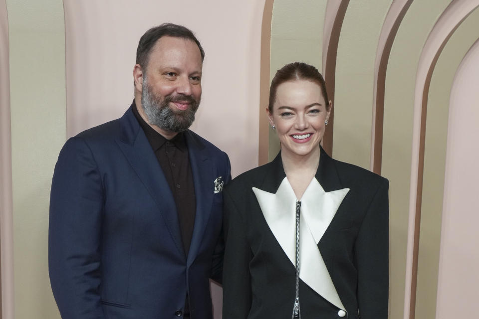 Yorgos Lanthimos and Emma Stone arrive at the 96th Academy Awards Oscar nominees luncheon on Monday, Feb. 12, 2024, at the Beverly Hilton Hotel in Beverly Hills, Calif. (Photo by Jordan Strauss/Invision/AP)