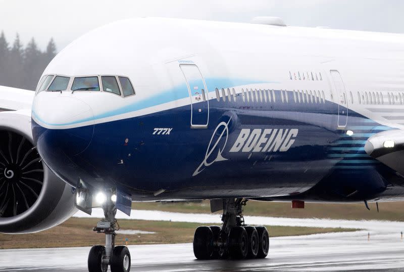 FILE PHOTO: A Boeing 777X airplane taxis during an attempted first test flight from the company's plant in Everett