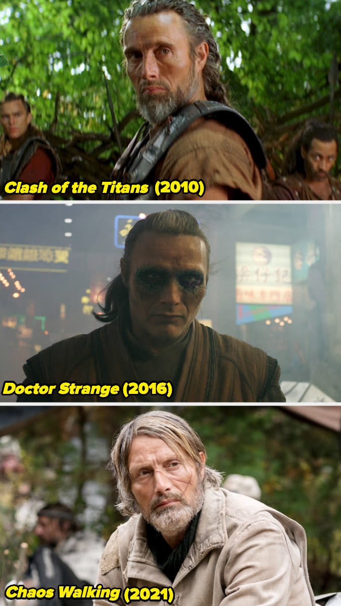 Stills of Mads Mikkelsen in "Clash of the Titans," "Doctor Strange," and "Chaos Walking."