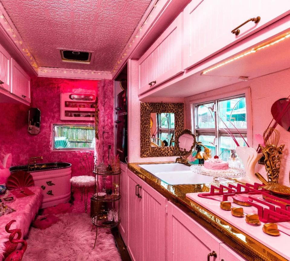 From the red fur-lined walls of the bedroom to the pink Playboy bunny paradise of the 1963 Airstream outside, there&#x002019;s hardly a non-plush surface to be found at House of Adora. Actress Jayne Mansfield and her Pink Palace home have inspired many modern-day pink plush carpet lovers.