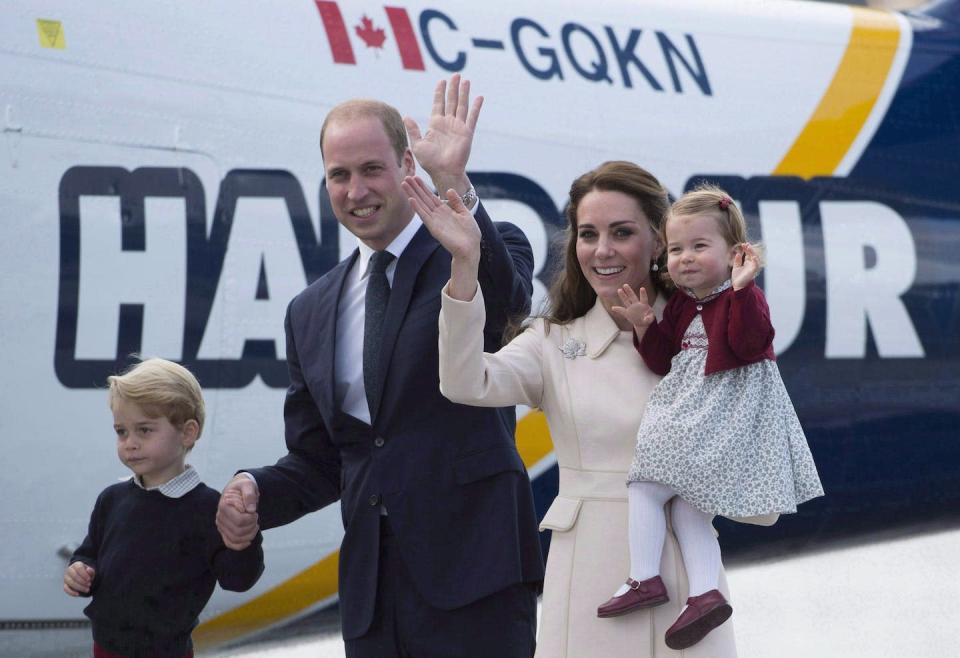 The Duke and Duchess of Cambridge and their children Prince George and Princess Charlotte get on a float plane as they prepare to leave Victoria, B.C., during a royal tour in 2016. THE CANADIAN PRESS/Jonathan Hayward