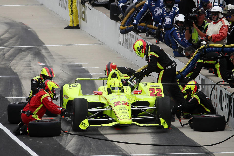 Simon Pagenaud of France, driver of the #22 Menards Team Penske Chevrolet pits during the 103rd running of the Indianapolis 500 at Indianapolis Motor Speedway on May 26, 2019, in Indianapolis, Indiana. (Photo by Chris Graythen/Getty Images)