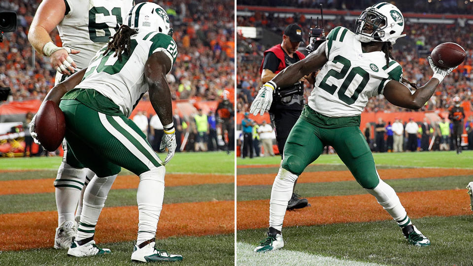 Isaiah Crowell wiped his backside with the ball before tossing it to Browns fans. Image: Getty