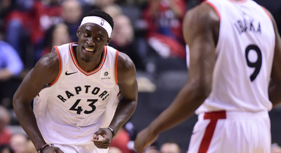 Toronto Raptors forward Pascal Siakam (43) smiles as he celebrates a dunk. (THE CANADIAN PRESS/Frank Gunn)