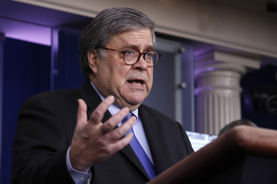 Attorney General William Barr speaks about the coronavirus in the James Brady Press Briefing Room of the White House, Wednesday, April 1, 2020, in Washington. (AP Photo/Alex Brandon)