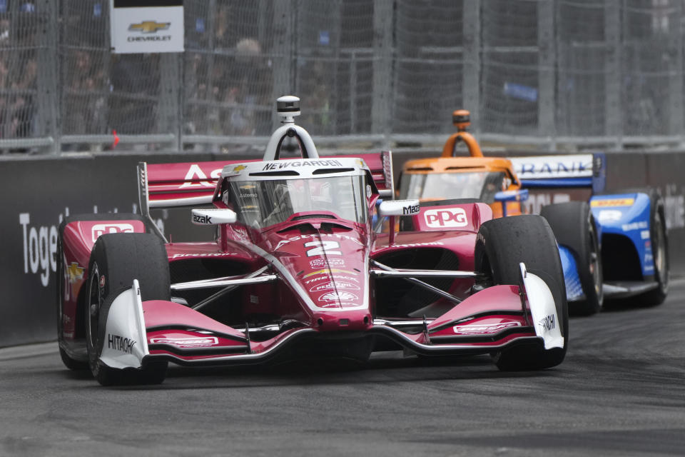 Josef Newgarden (2) drives during the IndyCar Detroit Grand Prix auto race in Detroit, Sunday, June 2, 2024. (AP Photo/Paul Sancya)