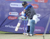 India's MS Dhoni bats in the nets during a training session ahead of their Cricket World Cup match against South Africa at Ageas Bowl in Southampton, England, Monday, June 3, 2019. (AP Photo/Aijaz Rahi)