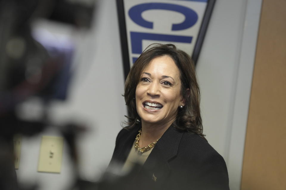 Vice President Kamala Harris takes a question from reporters after filing President Joe Biden's paperwork to appear on South Carolina's 2024 Democratic presidential primary, on Friday, Nov. 10, 2023, in Columbia, S.C. (AP Photo/Meg Kinnard)