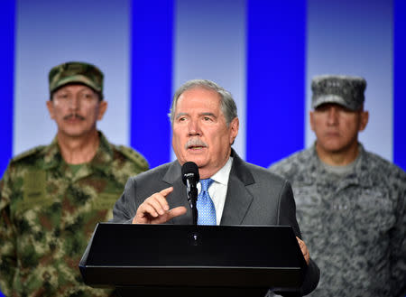 Colombian Defense Minister Guillermo Botero speaks during a press conference giving details of the investigation into the car bomb attack in Bogota, Colombia January 18, 2019. Courtesy of Colombian Presidency/Handout via REUTERS