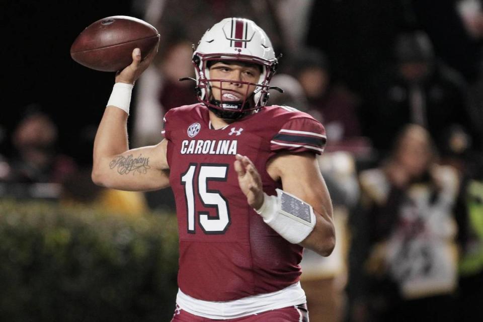 South Carolina Gamecocks quarterback Jason Brown (15) throws the ball during their game against Clemson at Williams-Brice Stadium on Saturday, November 27, 2021.