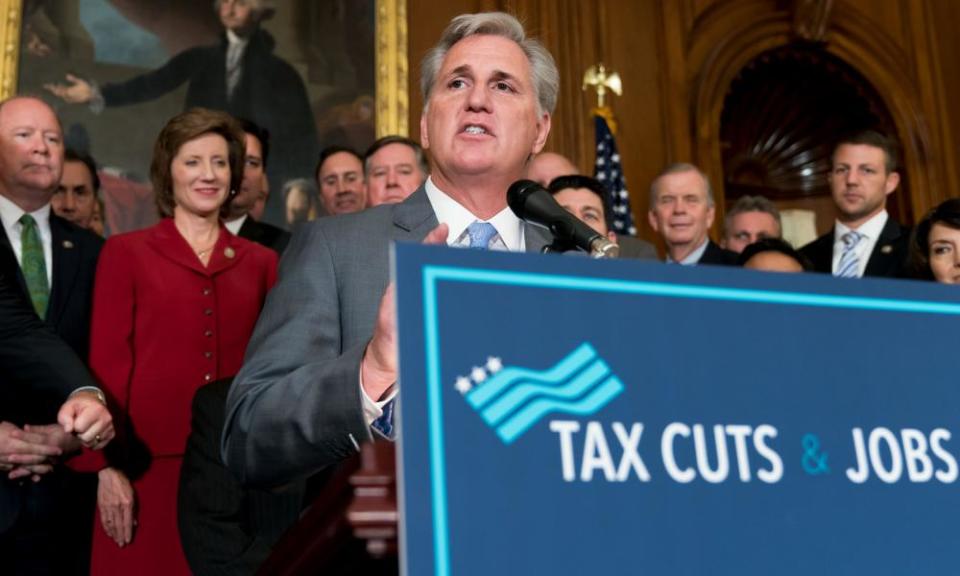 US House Majority Leader Kevin McCarthy addresses a news conference after the House passed tax cut plans.