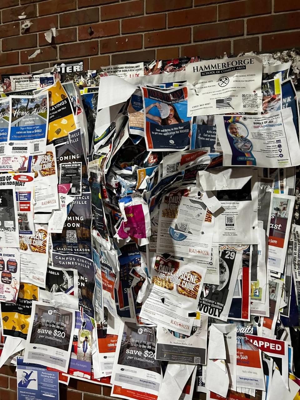 This is the bulletin board at the the University of Florida in Gainesville where “Kidnapped” posters of hostages taken by Hamas during the Oct. 7 attack were torn down.