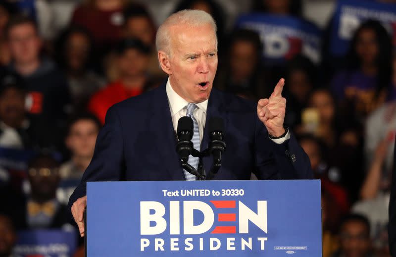 Democratic U.S. presidential candidate and former Vice President Joe Biden addresses supporters at his South Carolina primary night rally in Columbia, South Carolina, U.S.