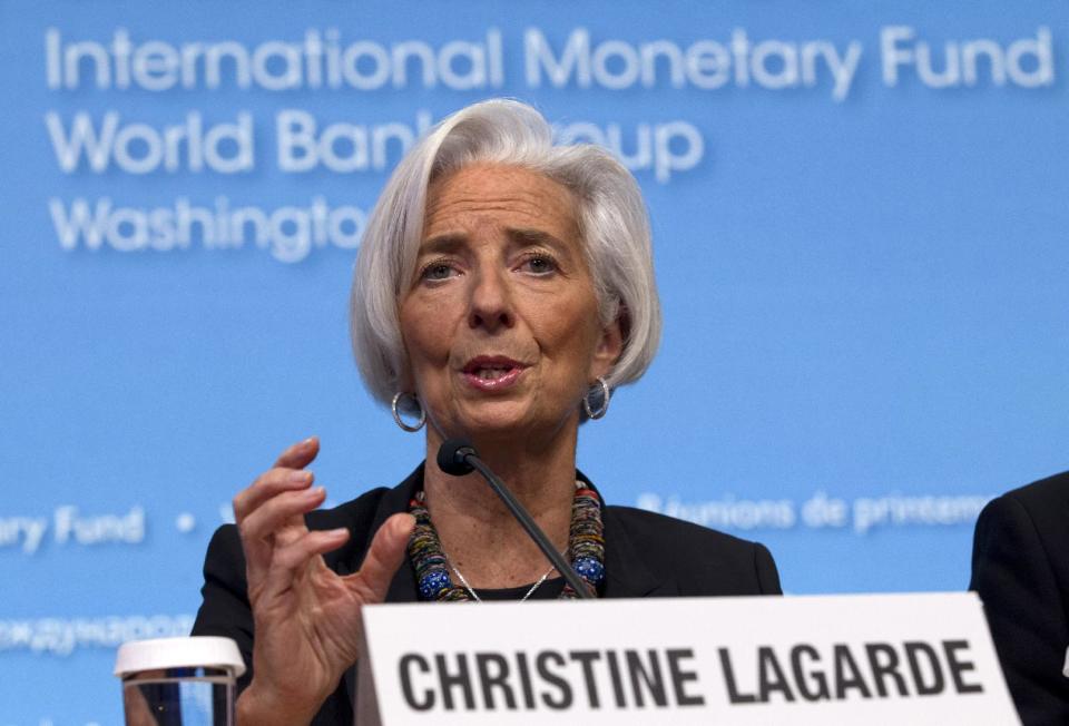 International Monetary Fund (IMF) Managing Director Christine Lagarde speaks during a news conference during the IMF/World Bank Spring Meetings at IMF headquarters in Washington, Thursday, April 10, 2014. Lagarde said the global economy is finally turning the corner after a deep recession but the recovery remains too weak. (AP Photo/Jose Luis Magana)