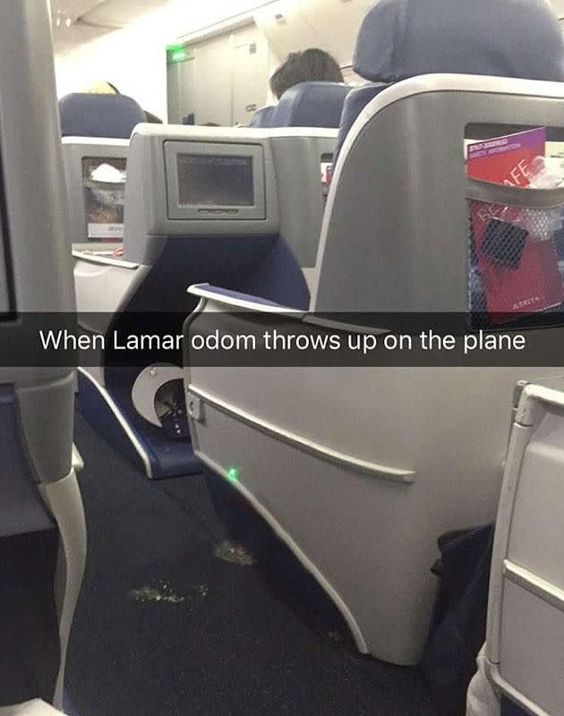 Lamar allegedly threw up on the plane. Source: Snapchat.