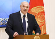 Belarusian President Alexander Lukashenko speaks during a meeting with the country's political activists in Minsk, Belarus, Wednesday, Sept. 16, 2020.(Maxim Guchek/BelTA Pool Photo via AP)