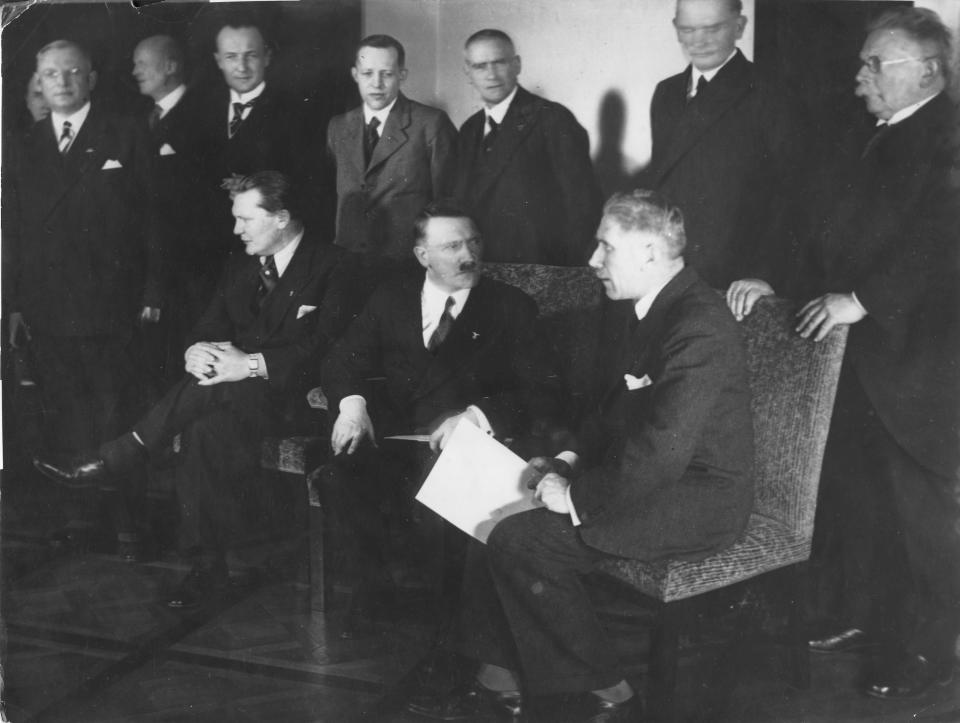 This January 30, 1933 file photo shows the ministers of the new cabinet of Germany's new Chancellor Adolf Hitler in Berlin. Front row from left to right: Hermann Goering, Adolf Hitler, Franz von Papen. Second row standing from right to left are: Alfred Hugenberg, Werner von Blomberg, Wilhelm Frick, Johann Ludwig Graf Schwerin von Krosigk, Paul Freiherr Eltz von Ruebenach and Franz Beldte. A Geneva businessman says he has purchased Adolf Hitler's top hat and other Nazi memorabilia to keep them out of the hands of neo-Nazis and will donate them to a Jewish group. (AP Photo)