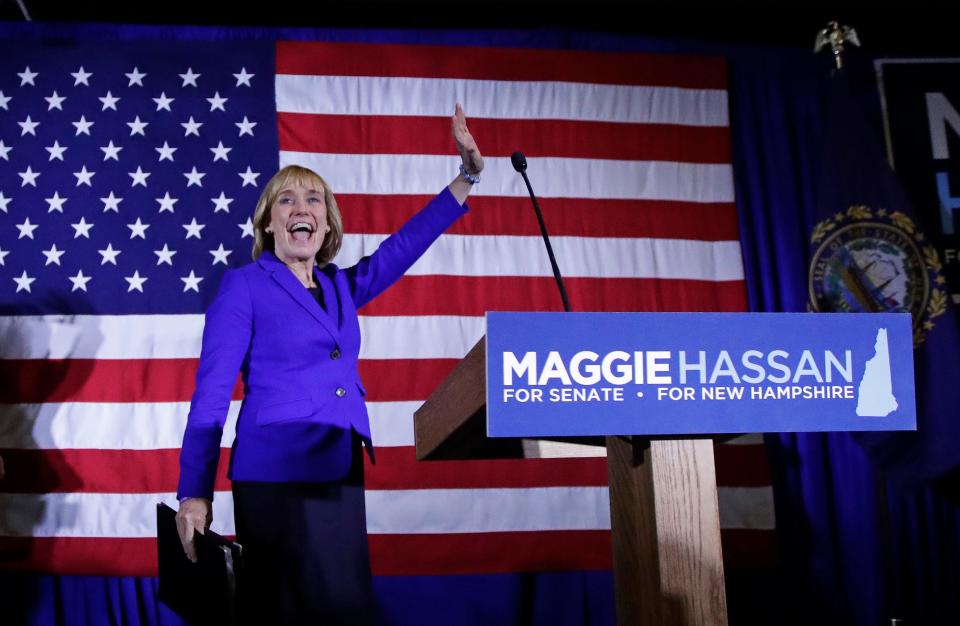 New Hampshire Democratic Senate candidate, Gov. Maggie Hassan waves to supporters during an election night rally in Manchester, N.H., early Wednesday, Nov. 9, 2016.