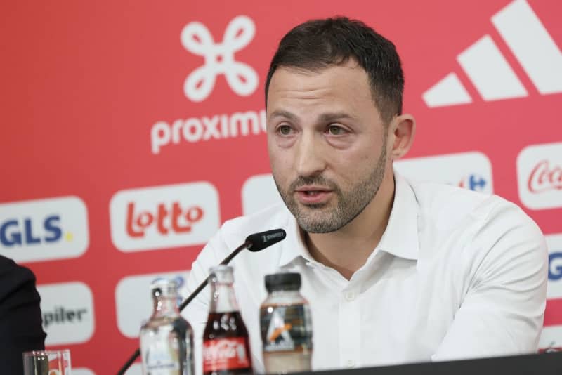 Belgium's head coach Domenico Tedesco speaks during a press conference of Belgian national soccer team Red Devils to announce the selection for the upcoming games at the Musee Herge in Louvain-la-Neuve. The Devils are playing friendly matches against Ireland and England later this month, in preparation to the 2024 European Soccer Championships in Germany. Bruno Fahy/Belga/dpa