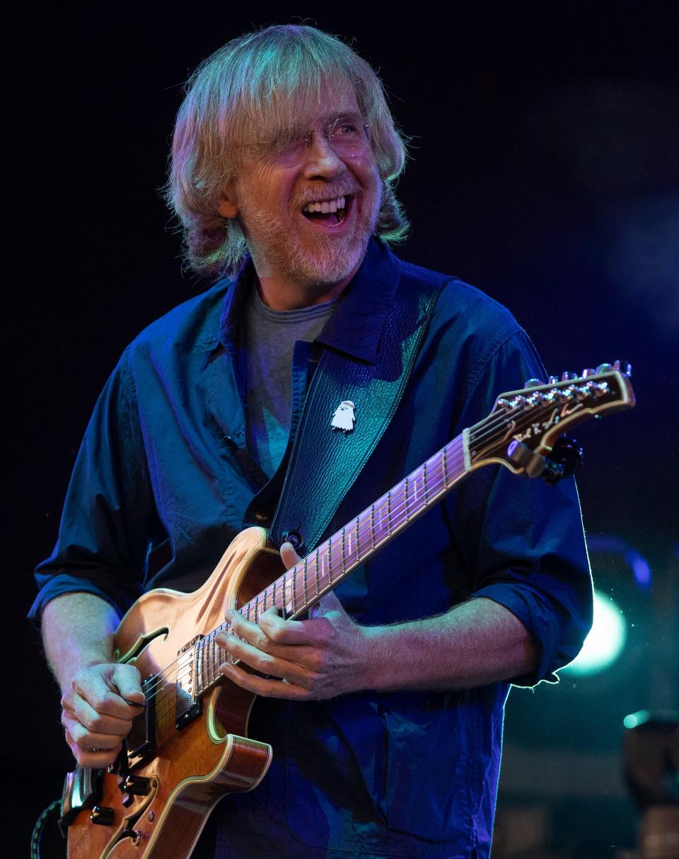 Phish’s Trey Anastasio plays guitar during the Phish concert, Friday, June 3, 2022, at Ruoff Music Center in Noblesville, Ind.