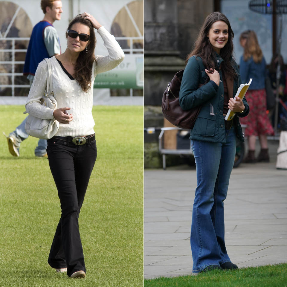 Meg Bellamy, pictured on the right, tells Glamour that she doesn’t actually own any low-rise boot-cut jeans the way Kate did. “I never have. It really changes how you hold yourself and your posture.”