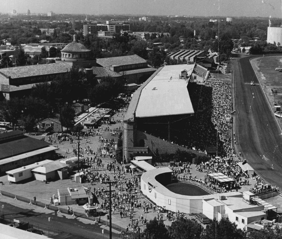 The environment around the V Street water reservoir, visible in the top-right corner of this photo from the 1950s, has changed greatly since its construction around 1940. It was once at the north end of the racetrack of the California State Fair, when the fair was at its old location on Stockton Boulevard and Broadway.