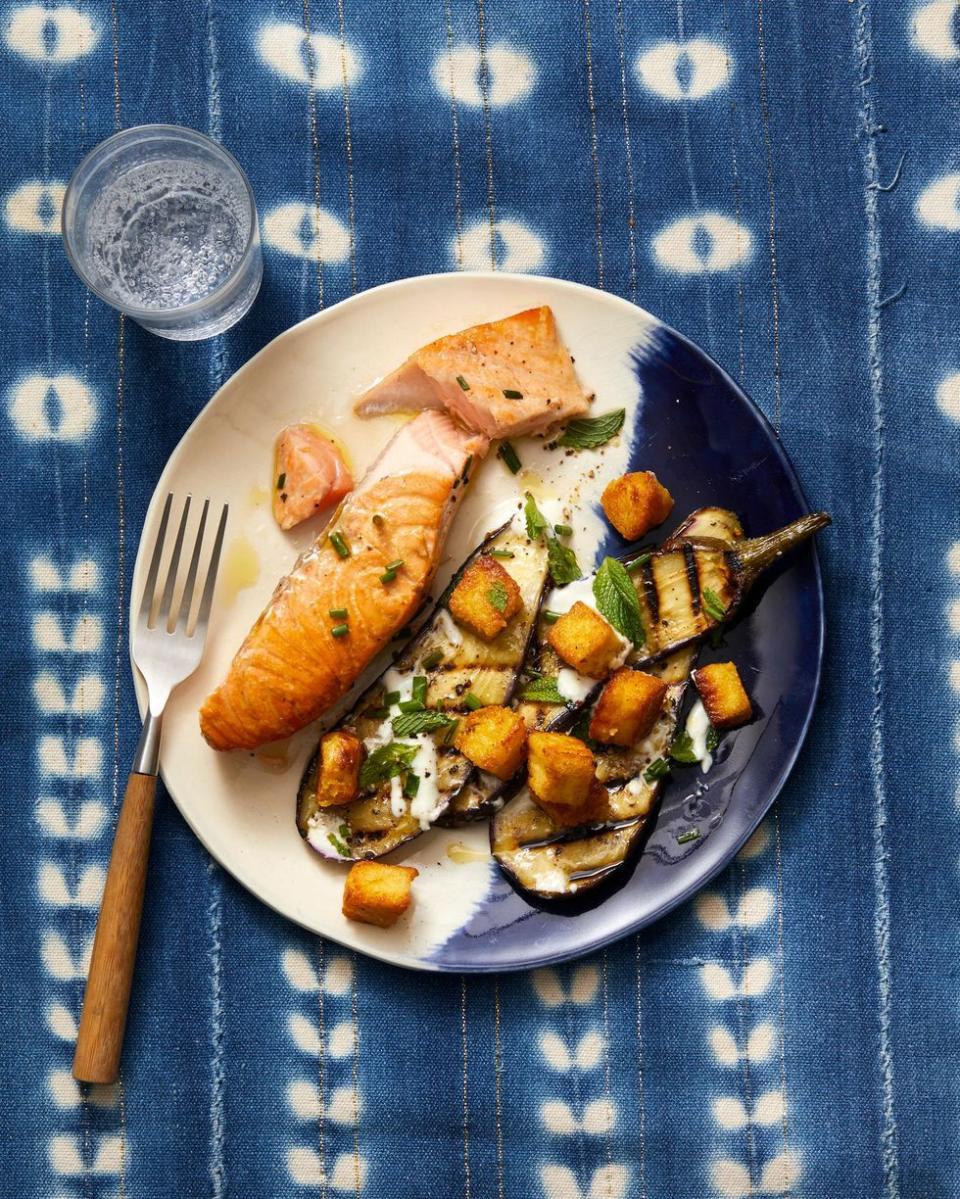 Salmon with Grilled Eggplant and Chickpea Croutons