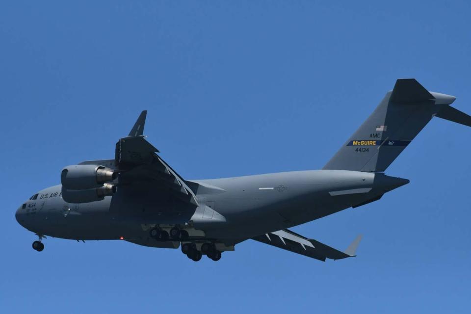 A C-17 Globemaster III takes to the skies during the 2022 Ocean City Air Show.