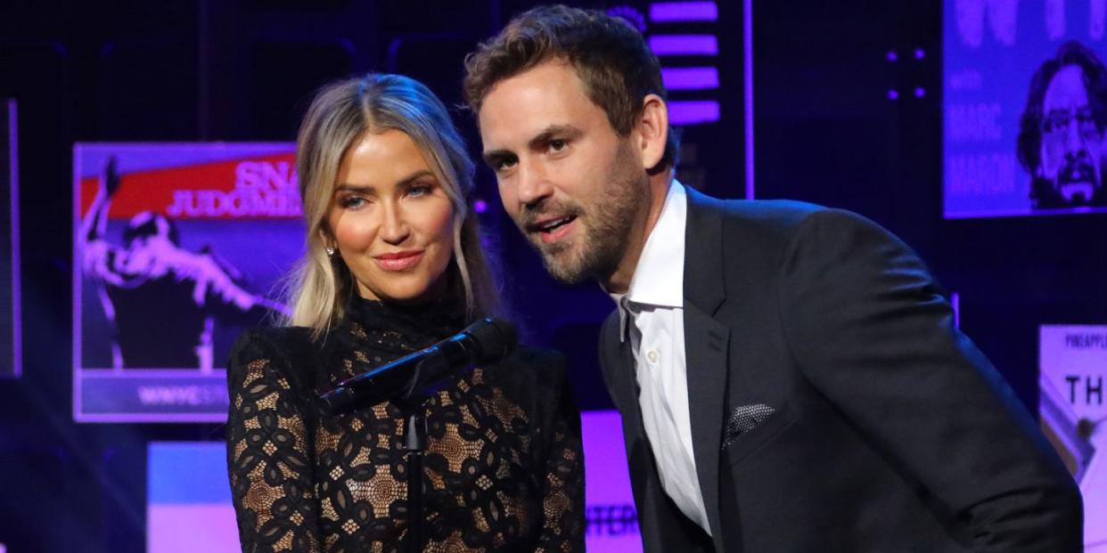 burbank, california january 17 l r kaitlyn bristowe and nick viall speak onstage during the 2020 iheartradio podcast awards at iheartradio theater on january 17, 2020 in burbank, california photo by jc oliveragetty images