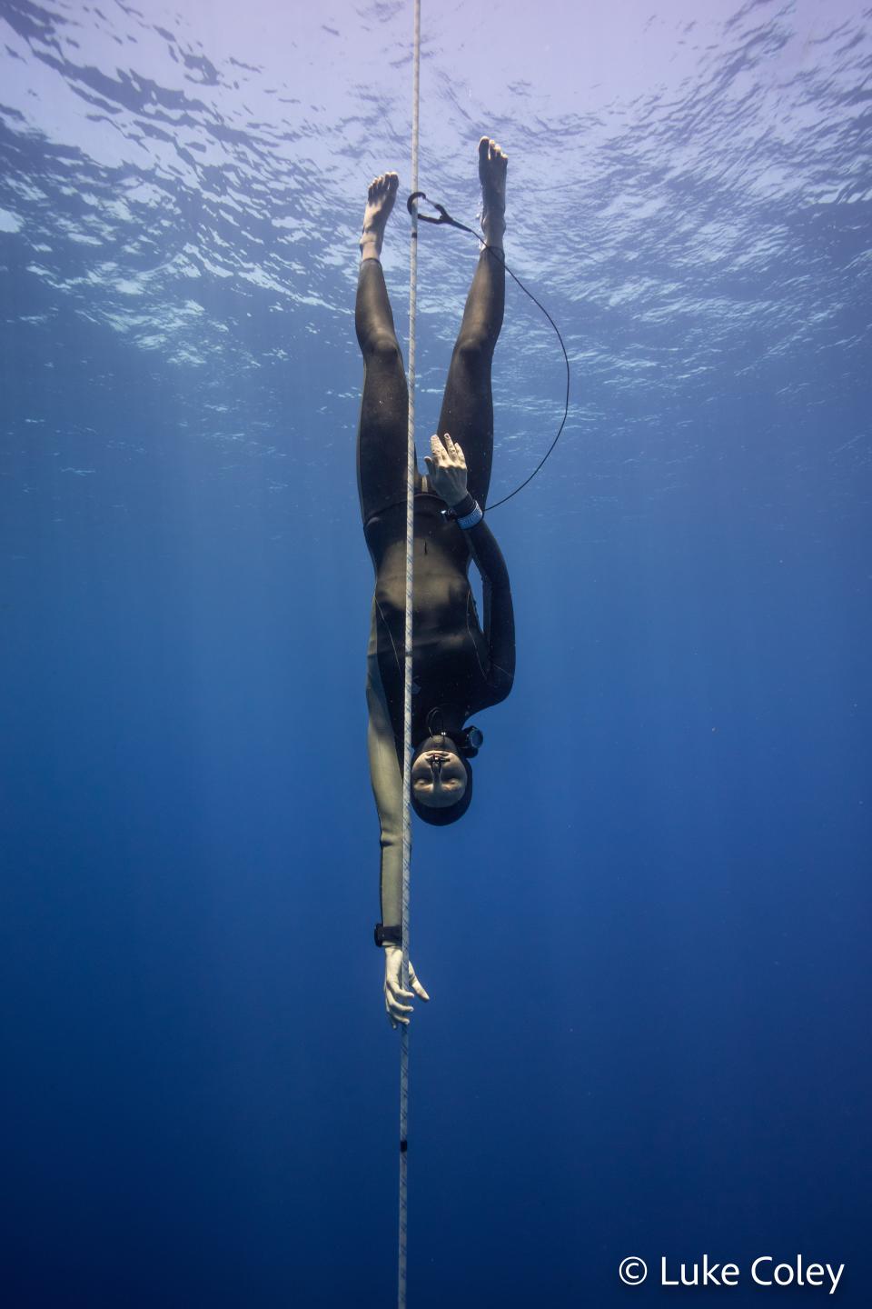 Amber Bourke of Brisbane, Australia is pictured on a free dive, in which she holds her breath as she swims hundreds of feet below the ocean's surface before returning to the top.