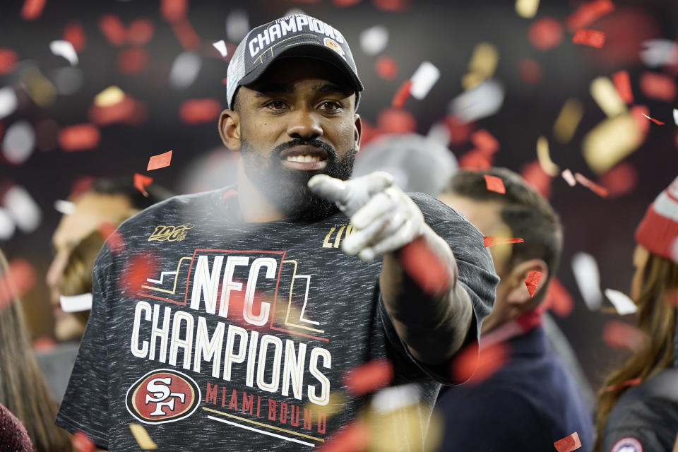 San Francisco 49ers running back Raheem Mostert celebrates after the NFL NFC Championship football game against the Green Bay Packers Sunday, Jan. 19, 2020, in Santa Clara, Calif. The 49ers won 37-20 to advance to Super Bowl 54 against the Kansas City Chiefs. (AP Photo/Tony Avelar)