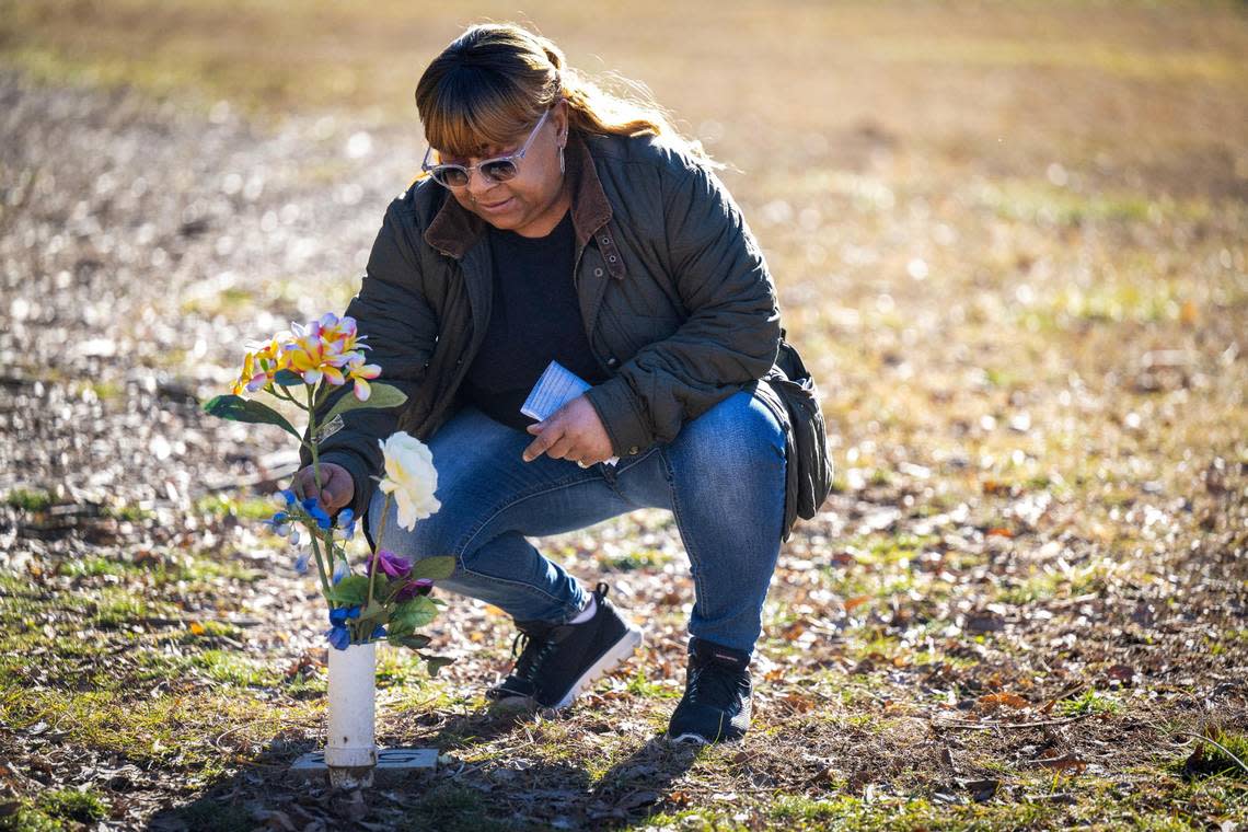 Cynthia Robinson’s husband, Harvey, gave her Snowball, a Maltese. Harvey died in 2008, and Snowball followed in 2021. In January, Robinson was finally ready to visit Snowball’s grave at Wayside Waifs, where she added a stem of flowers to the vase. Tammy Ljungblad/tljungblad@kcstar.com