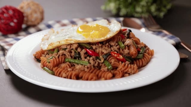 Thai Basil Pork with Red Lentil Fusilli