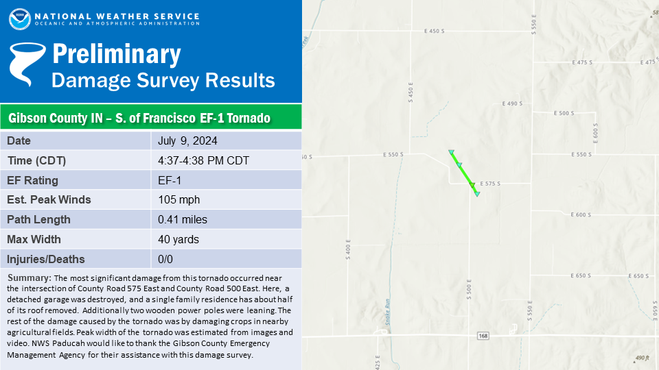 National Weather Service assessment of an EF-1 tornado near Francisco, Indiana, on July 9.