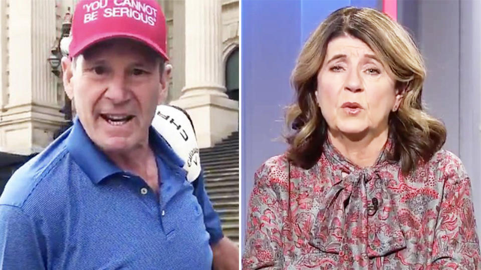 Caroline Wilson (pictured right) has called out Sam Newman (pictured left) for his 'divisive' take on players kneeling before AFL games. (Images: Twitter/Footy Classified)