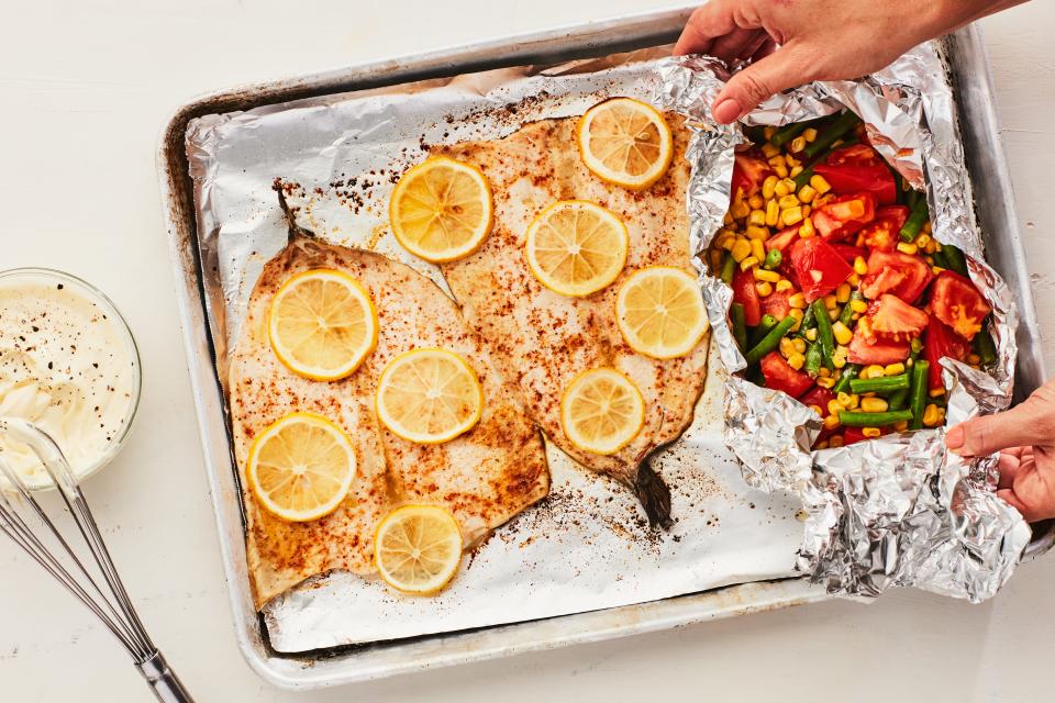 <h1 class="title">Sheet Pan Trout and Succotash Recipe</h1><cite class="credit">Photo by Chelsea Kyle, Prop Styling by Beatrice Chastka, Food Styling by Olivia Mack Anderson</cite>