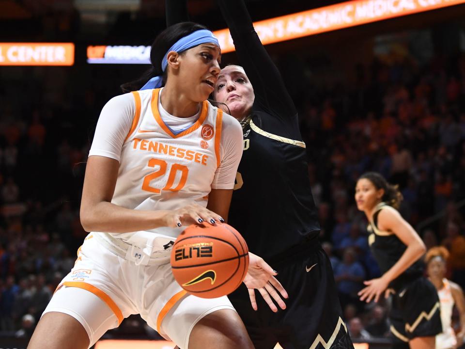 Tennessee center Tamari Key (20) is guarded by Colorado forward Charlotte Whittaker (45) during the NCAA college basketball game between the Tennessee Lady Vols and Colorado Buffaloes on Friday, November 25, 2022 in Knoxville Tenn. 